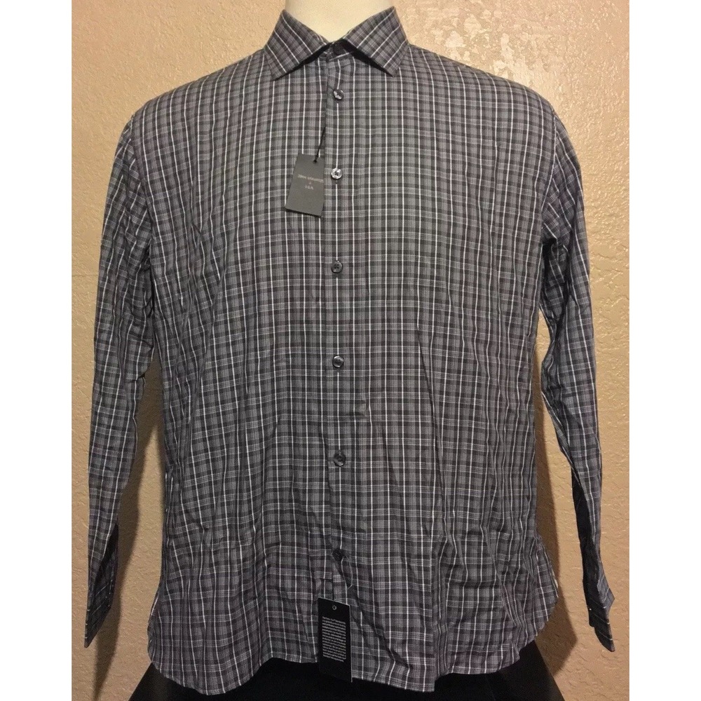 NEW John Varvatos USA Men's 17 32/33 Slim Fit Grey Check Long Sleeve Dress Shirt